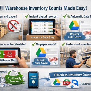 May include: An advertisement promoting efficient warehouse inventory management. The image shows various features, including automatic data entry, digital records, and auto-calculated stock differences. Text includes "Warehouse Inventory Counts Made Easy!" and "Effortless Inventory Counts!"