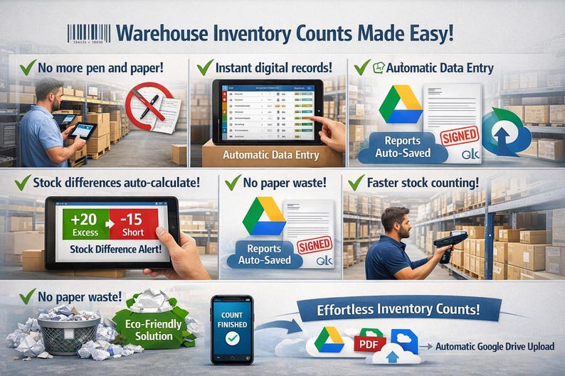 May include: An advertisement promoting efficient warehouse inventory management. The image shows various features, including automatic data entry, digital records, and auto-calculated stock differences. Text includes "Warehouse Inventory Counts Made Easy!" and "Effortless Inventory Counts!"