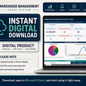 May include: A laptop displaying a Warehouse Management Control Tower dashboard with data tables, a pie chart, and a line graph. Text includes Warehouse Management Excel System, Instant Digital Download, Digital Product, and Please Note details.