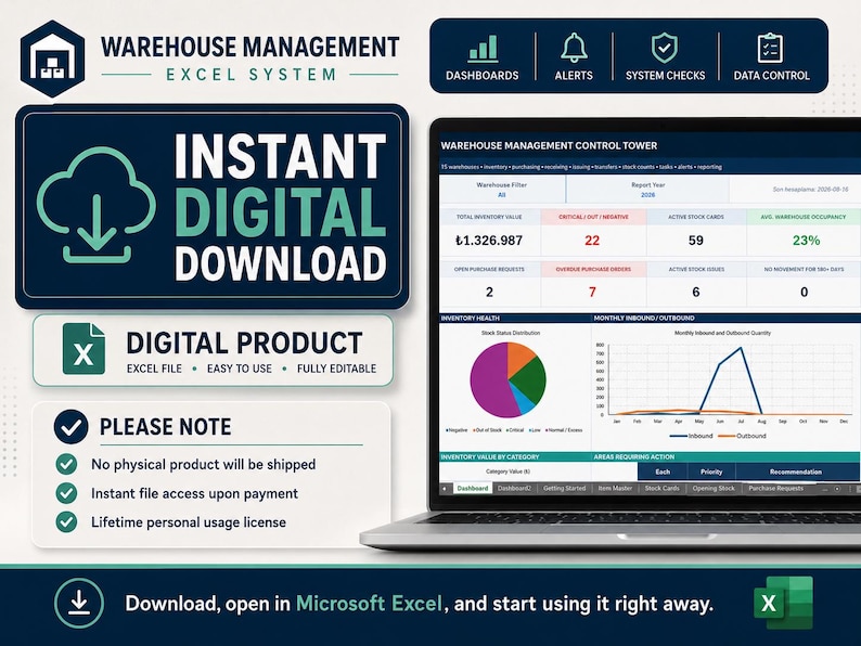 May include: A laptop displaying a Warehouse Management Control Tower dashboard with data tables, a pie chart, and a line graph. Text includes Warehouse Management Excel System, Instant Digital Download, Digital Product, and Please Note details.