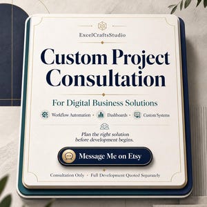 May include: A digital business solutions advertisement with the text "Custom Project Consultation." The design features a white and gold frame with dark blue accents. The ad includes the text "Message Me on Etsy."