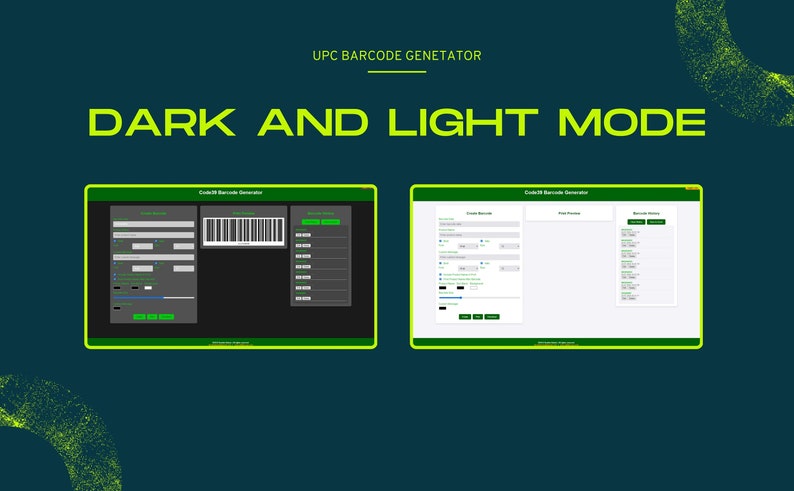 K&ouml;nnte beinhalten: UPC-Barcode-Generator-Oberfl&auml;che mit Optionen f&uuml;r den Dunkel- und Hellmodus. Das Bild zeigt zwei Interface-Beispiele, eines im Dunkelmodus und das andere im Hellmodus, beide mit gr&uuml;nem Rahmen und Text. Der Text "DARK AND LIGHT MODE" ist deutlich sichtbar.