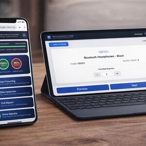May include: A smartphone and a tablet displaying inventory management software. The phone shows a progress bar with 100% completion and 96% error rate. The tablet displays "Bluetooth Headphones - Black" with a code and quantity.