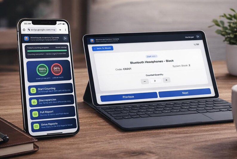 May include: A smartphone and a tablet displaying inventory management software. The phone shows a progress bar with 100% completion and 96% error rate. The tablet displays "Bluetooth Headphones - Black" with a code and quantity.