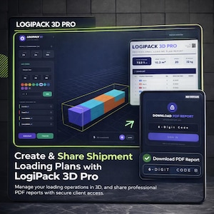 May include: A digital display showcasing LogiPack 3D Pro software. The screen displays a 3D loading plan with colourful boxes, a loading plan report, and a mobile interface for downloading PDF reports. Text includes "Create & Share Shipment Loading Plans."