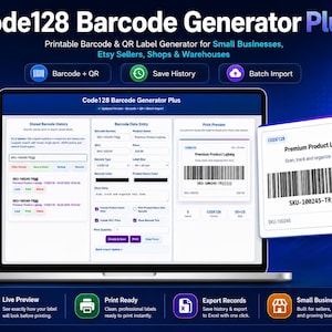 May include: A laptop screen displays the "Code128 Barcode Generator Plus" software interface. The software generates printable barcodes and QR labels for small businesses. A sample label with a barcode and product information is shown. The software includes features for batch import and history.