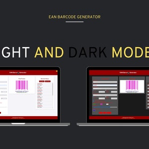 May include: Two laptop screens displaying a barcode generator interface in light and dark mode. The text "LIGHT AND DARK MODE" is displayed above the laptops. The interface includes fields for barcode creation and a preview.