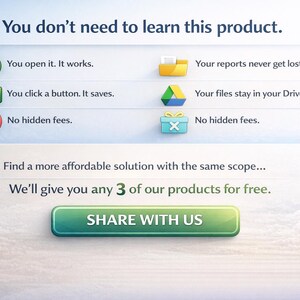 May include: An advertisement with a blue and white gradient background. The text reads "You don't need to learn this product." Icons and text describe product features. A green button with the text "SHARE WITH US" is at the bottom.
