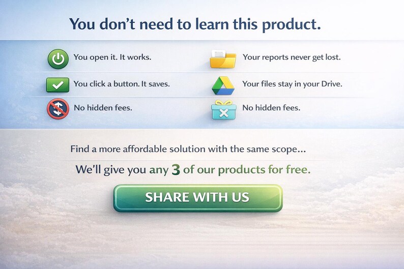 May include: An advertisement with a blue and white gradient background. The text reads "You don't need to learn this product." Icons and text describe product features. A green button with the text "SHARE WITH US" is at the bottom.