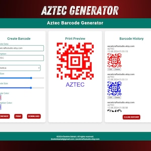 May include: Screenshot of the "Aztec Generator" webpage. The interface includes fields to create barcodes, a print preview, and a barcode history section. The preview shows a red Aztec code with the word "AZTEC" in blue.