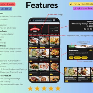 Peut inclure: Capture d'écran d'une application de menu de restaurant sur smartphone. L'application présente des images de plats, des thèmes personnalisables, des catégories de menus et une intégration Google Sheets. Le texte détaille les fonctionnalités.
