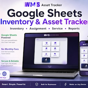 Könnte beinhalten: Ein Laptop und ein Smartphone zeigen die "WMS Asset Tracker"-Oberfläche. Der Bildschirm zeigt ein Raster von Symbolen für Inventar, Zuordnung, Service und Berichte. Text hebt Funktionen wie Google Sheets-Integration, keine monatlichen Gebühren und sichere Daten hervor.