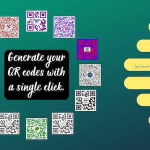 Può includere: Immagine che mostra vari codici QR colorati disposti attorno a un riquadro di testo centrale. Il testo recita: "Genera i tuoi codici QR con un solo clic." Ulteriori informazioni evidenziano funzionalità come la facilità d'uso e 16 milioni di opzioni di colore.
