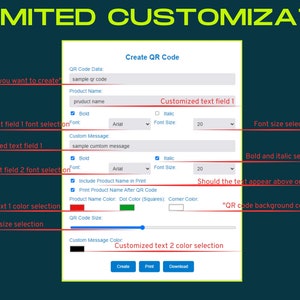 以下が含まれることがあります： カスタムQRコードを作成するためのデジタルインターフェース。フォームでは、データ、製品名、カスタムメッセージを入力できます。オプションには、フォントの選択、サイズ、色、および製品名を印刷する機能が含まれます。背景はティール色です。