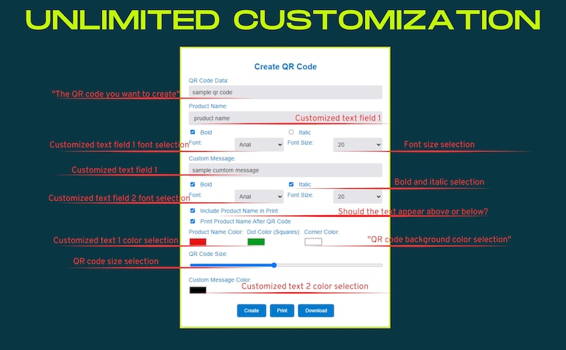 以下が含まれることがあります： カスタムQRコードを作成するためのデジタルインターフェース。フォームでは、データ、製品名、カスタムメッセージを入力できます。オプションには、フォントの選択、サイズ、色、および製品名を印刷する機能が含まれます。背景はティール色です。