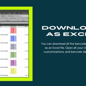 以下が含まれることがあります： サンプル製品名とカスタムメッセージが表示されたExcelスプレッドシートのスクリーンショット。さまざまな色のUPCバーコードが表示されています。右側のテキストには「EXCELとしてダウンロード」とあり、バーコードをExcelファイルとしてダウンロードする方法が説明されています。