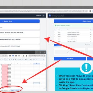 May include: Screenshot of a computer screen displaying a spreadsheet and a web application interface. The spreadsheet shows data in rows and columns. The web app has blue and white elements, with options to save the data.