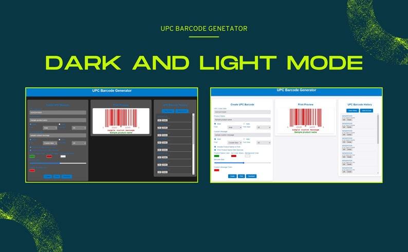 以下が含まれることがあります： ダークモードとライトモードのオプションを備えたUPCバーコードジェネレーターを示すデジタルグラフィック。インターフェースはバーコードプレビューと設定を表示します。画像には「UPC Barcode Generator」と「DARK AND LIGHT MODE」と書かれています。