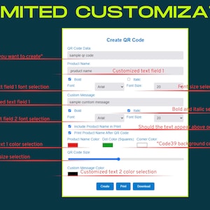 K&ouml;nnte beinhalten: Eine digitale Oberfl&auml;che zur Erstellung benutzerdefinierter QR-Codes. Die Oberfl&auml;che erm&ouml;glicht die Anpassung von Textfeldern, Schriftarten, Farben und Gr&ouml;&szlig;en. Sie bietet Optionen f&uuml;r fett- und kursivgedruckten Text.