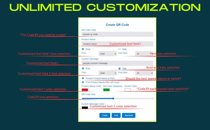 K&ouml;nnte beinhalten: Eine digitale Oberfl&auml;che zur Erstellung benutzerdefinierter QR-Codes. Die Oberfl&auml;che erm&ouml;glicht die Anpassung von Textfeldern, Schriftarten, Farben und Gr&ouml;&szlig;en. Sie bietet Optionen f&uuml;r fett- und kursivgedruckten Text.