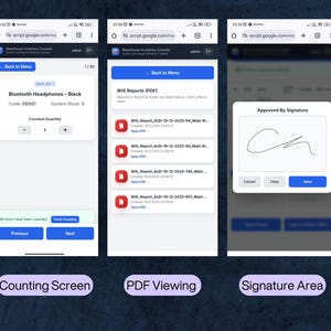May include: A series of mobile app screenshots showcasing various functions. The screens include a dashboard, counting screen for Bluetooth headphones, PDF viewing, signature area, and a comparison screen. The app interface features a blue and white color scheme.