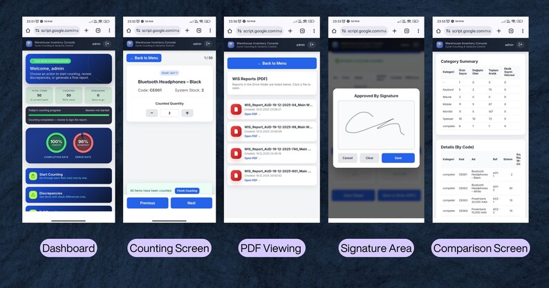 May include: A series of mobile app screenshots showcasing various functions. The screens include a dashboard, counting screen for Bluetooth headphones, PDF viewing, signature area, and a comparison screen. The app interface features a blue and white color scheme.