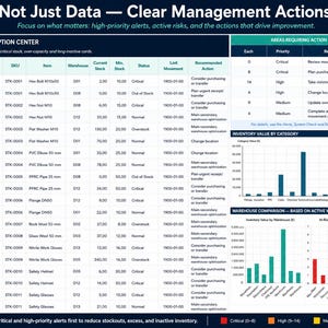May include: A dashboard titled Not Just Data &mdash; Clear Management Actions displaying an Alert and Exception Center table, an Areas Requiring Action table, an Inventory Value by Category bar chart, and a Warehouse Comparison chart with stock data.