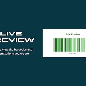 K&ouml;nnte beinhalten: Eine digitale Grafik mit den wei&szlig;en Worten "LIVE PREVIEW" und dem Text "Sehen Sie sofort die Barcodes und Anpassungen, die Sie erstellen". Ein wei&szlig;es Rechteck zeigt einen gr&uuml;nen Barcode mit dem Text "Print Preview" und der Nummer "A123588".