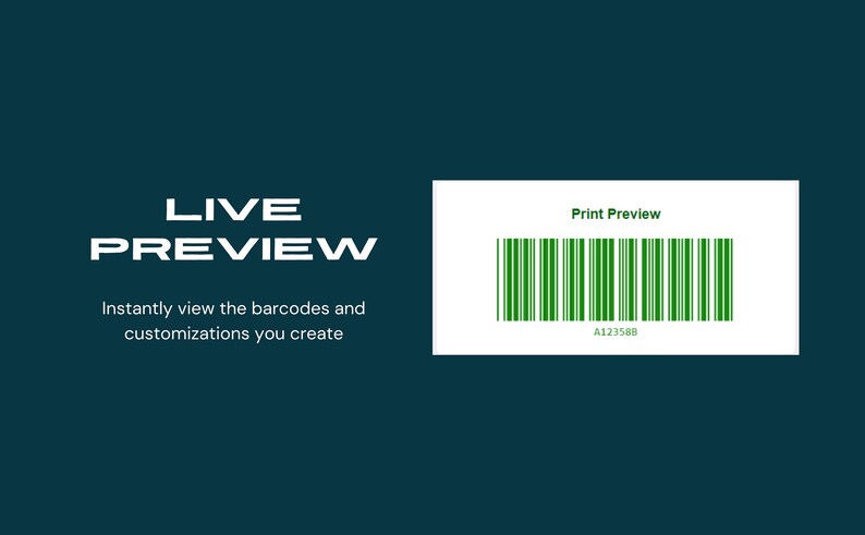 K&ouml;nnte beinhalten: Eine digitale Grafik mit den wei&szlig;en Worten "LIVE PREVIEW" und dem Text "Sehen Sie sofort die Barcodes und Anpassungen, die Sie erstellen". Ein wei&szlig;es Rechteck zeigt einen gr&uuml;nen Barcode mit dem Text "Print Preview" und der Nummer "A123588".