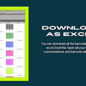 K&ouml;nnte beinhalten: Ein digitaler Bildschirm zeigt eine Tabelle mit Beispieltext und farbigen Barcode-Beispielen. Der Text "ALS EXCEL HERUNTERLADEN" wird in Wei&szlig; angezeigt, zusammen mit Anweisungen zum Herunterladen von Barcodedaten.