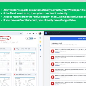 May include: A computer screen displays a Google Drive interface with the "WIS Reports" tab highlighted. The screen shows various inventory reports and instructions on how to access them, including the text: "All inventory reports are automatically saved to your WIS Report file in Google Sheets."