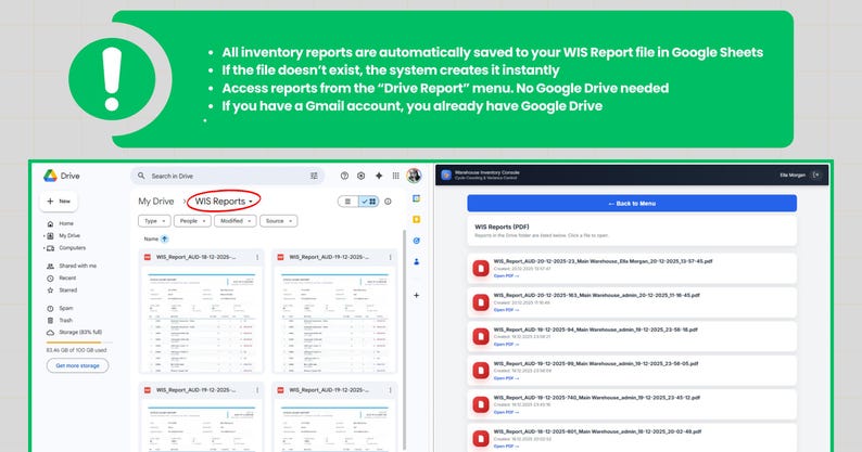 May include: A computer screen displays a Google Drive interface with the "WIS Reports" tab highlighted. The screen shows various inventory reports and instructions on how to access them, including the text: "All inventory reports are automatically saved to your WIS Report file in Google Sheets."