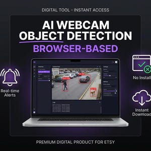 May include: A laptop screen displays an AI webcam object detection interface, highlighting people and animals in red boxes. Text reads "AI WEBCAM OBJECT DETECTION BROWSER-BASED." Additional icons indicate real-time alerts, no install, and instant download.