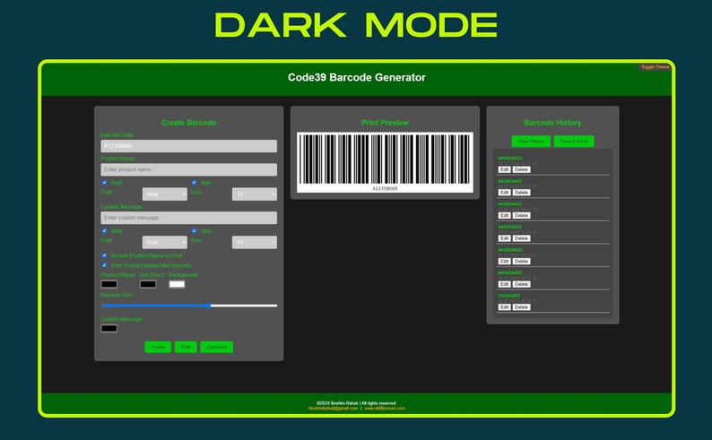 K&ouml;nnte beinhalten: Eine Dark-Mode-Oberfl&auml;che f&uuml;r einen Code39-Barcode-Generator. Der Bildschirm zeigt Felder zum Erstellen eines Barcodes, eine Druckvorschau und einen Verlauf generierter Barcodes. Die Oberfl&auml;che ist haupts&auml;chlich grau mit gr&uuml;nen Akzenten und wei&szlig;em Text.