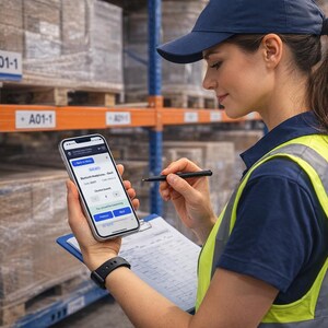 May include: A person in a warehouse setting, wearing a blue cap and safety vest, uses a smartphone and pen to review inventory. The phone displays an app interface with data fields. Shelves with boxes are visible in the background.