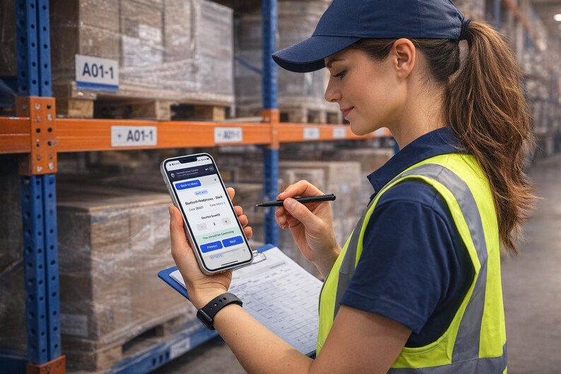 May include: A person in a warehouse setting, wearing a blue cap and safety vest, uses a smartphone and pen to review inventory. The phone displays an app interface with data fields. Shelves with boxes are visible in the background.