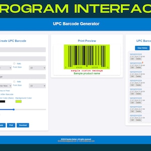 Software generatore di codici a barre UPC / Colori e caratteri personalizzabili / Include codice QR e messaggio
