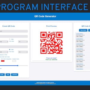 Puede incluir: Interfaz digital para un generador de códigos QR. La pantalla muestra opciones para crear un código QR, una vista previa de impresión de un código QR rojo y un historial de códigos generados. El texto incluye "Program Interface" y "QR Code Generator".