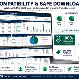 May include: A laptop screen displaying a warehouse management system dashboard with data tables, charts, and inventory metrics. The interface includes text labels like COMPATIBILITY & SAFE DOWNLOAD, 100% MACRO-FREE, and compatibility icons for Excel 2019, 2021, and Microsoft 365.