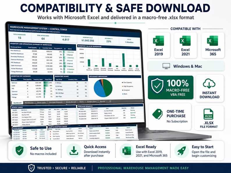 May include: A laptop screen displaying a warehouse management system dashboard with data tables, charts, and inventory metrics. The interface includes text labels like COMPATIBILITY & SAFE DOWNLOAD, 100% MACRO-FREE, and compatibility icons for Excel 2019, 2021, and Microsoft 365.