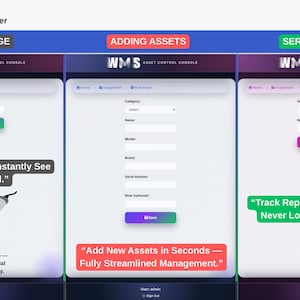 Puede incluir: Una interfaz digital para el seguimiento de activos, con tres secciones distintas: Página de búsqueda, Agregar activos y Registro de servicio. Cada sección tiene una combinación de colores única y mensajes de texto, incluyendo "Ingrese el número de serie" y "Agregar nuevos activos".