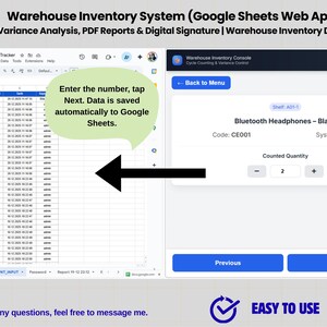 May include: Screenshot of a warehouse inventory system interface. The system displays data entry fields and a Google Sheets interface. Text on the screen includes "Bluetooth Headphones - Black" and instructions to enter numbers and tap Next.