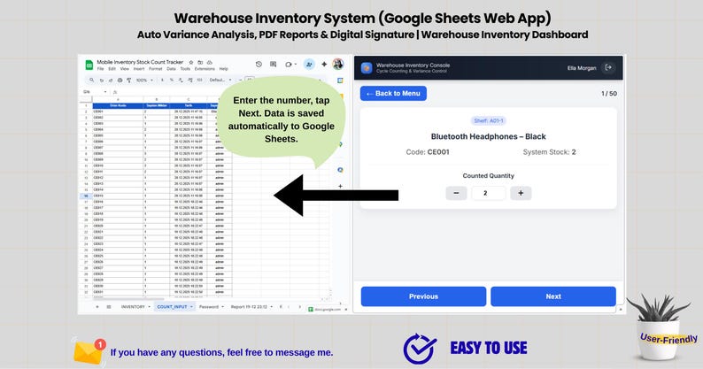 May include: Screenshot of a warehouse inventory system interface. The system displays data entry fields and a Google Sheets interface. Text on the screen includes "Bluetooth Headphones - Black" and instructions to enter numbers and tap Next.