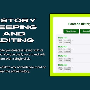 K&ouml;nnte beinhalten: Ein Bildschirm zeigt die Barcode-Historie mit Optionen zum L&ouml;schen oder Speichern in Excel. Der Bildschirm listet Barcodes mit Datum und Uhrzeit auf. Der Text "HISTORY KEEPING AND EDITING" wird in gro&szlig;en wei&szlig;en Buchstaben angezeigt.