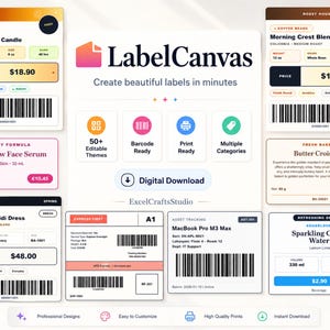 Peut inclure: Une interface numérique présentant des modèles d'étiquettes pour divers produits, notamment des bougies, du café, des soins de la peau, des vêtements et des boissons. L'interface comprend le logo "LabelCanvas" et des icônes indiquant les fonctionnalités.