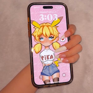 May include: A smartphone with a clear case displaying a pink background with a cartoon character wearing a white shirt with the word "PIKA" and denim shorts. The screen shows the date and time.
