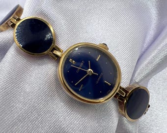 Raro reloj vintage Orient dorado para mujer con pulsera de piedra negra, elegante, modesto, elegante y sofisticado