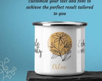 Personalized Enamel Camping Mug: Minimalist Floral Design, Inspirational Gift