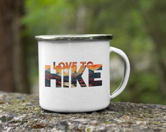 Love to Hike Enamel Mug – Nature-Filled Text Design | Lightweight Camping Mug for Hikers & Outdoor Lovers