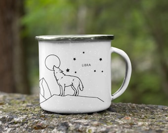 Personalized Zodiac Wolf Enamel Mug: Camping Coffee Cup